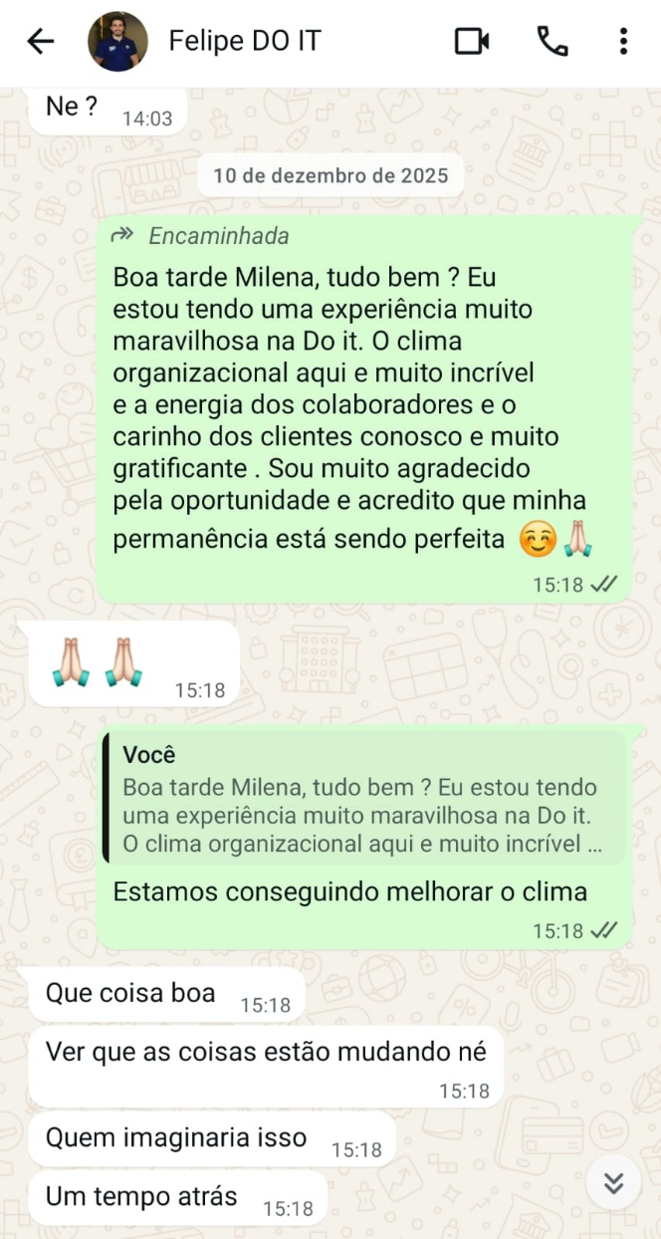 Conversa de WhatsApp com Felipe da Do It Coworking elogiando o clima organizacional após a estruturação do RH pela PriorizaRH
